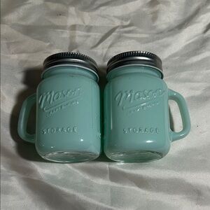 Mason Mini Aqua Blue Glass Jar Mugs with Handles Salt and Pepper Shaker